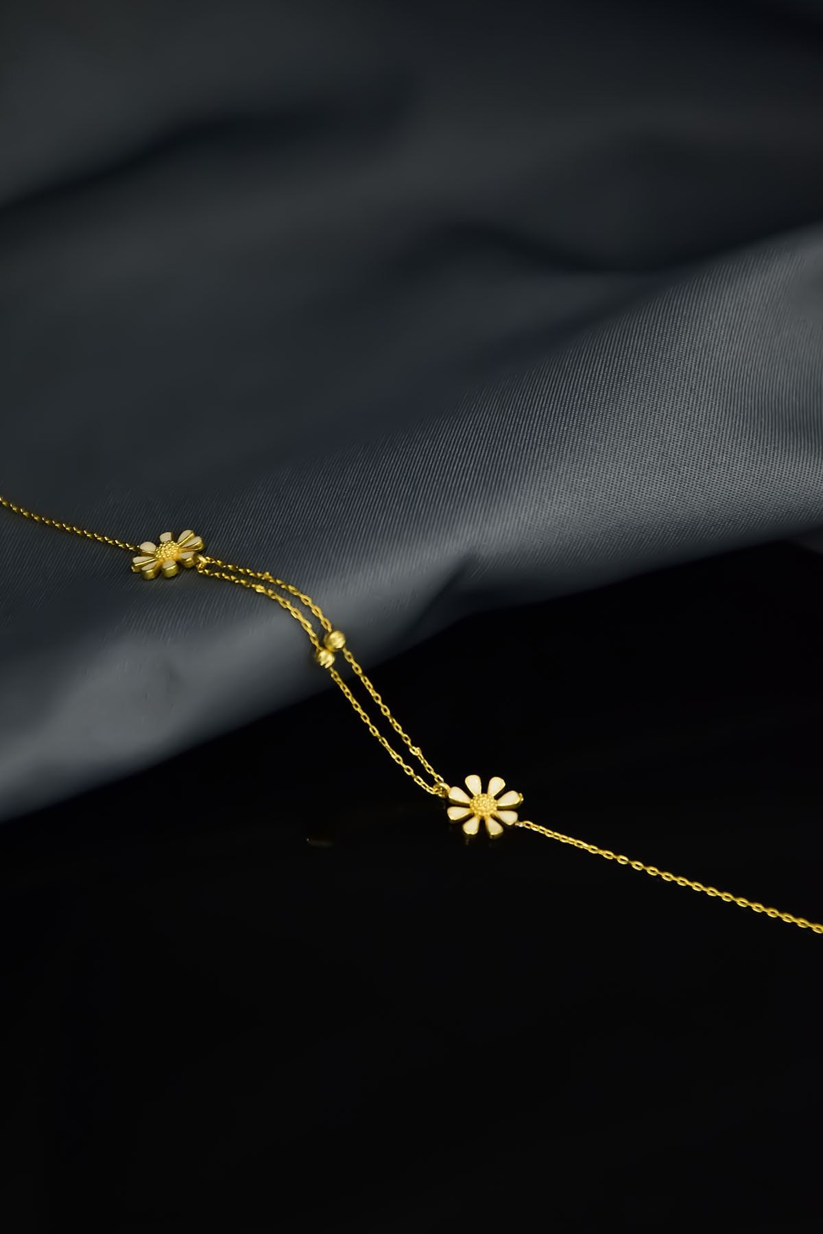 925 Ayar Gümüş Gold Kaplama Dorika Toplu, Mineli Papatya Bileklik