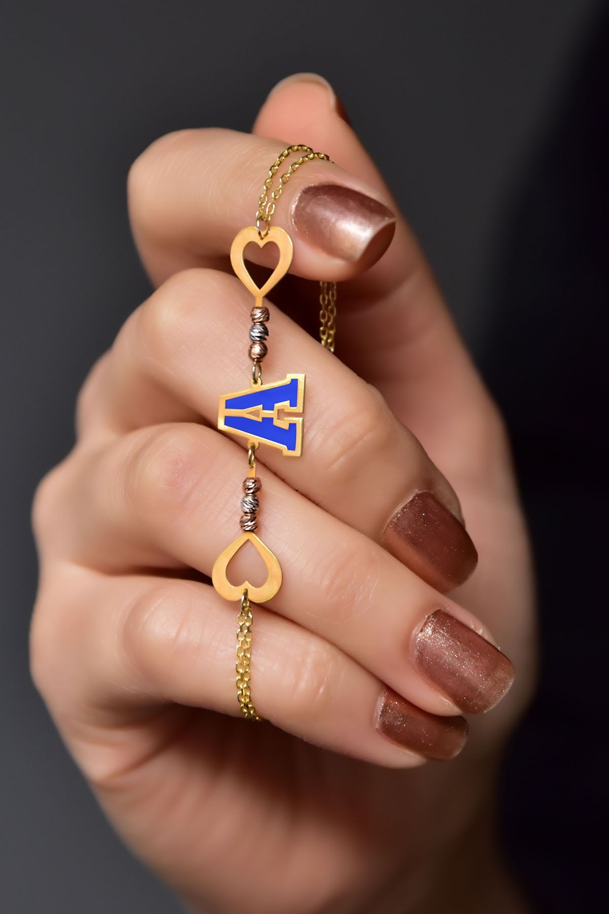 925 Ayar Gümüş Gold Kaplama Dorika Toplu Parlayan Rüya Serisi Ebruli Cam Boyalı Aşkın Harfi Bileklik