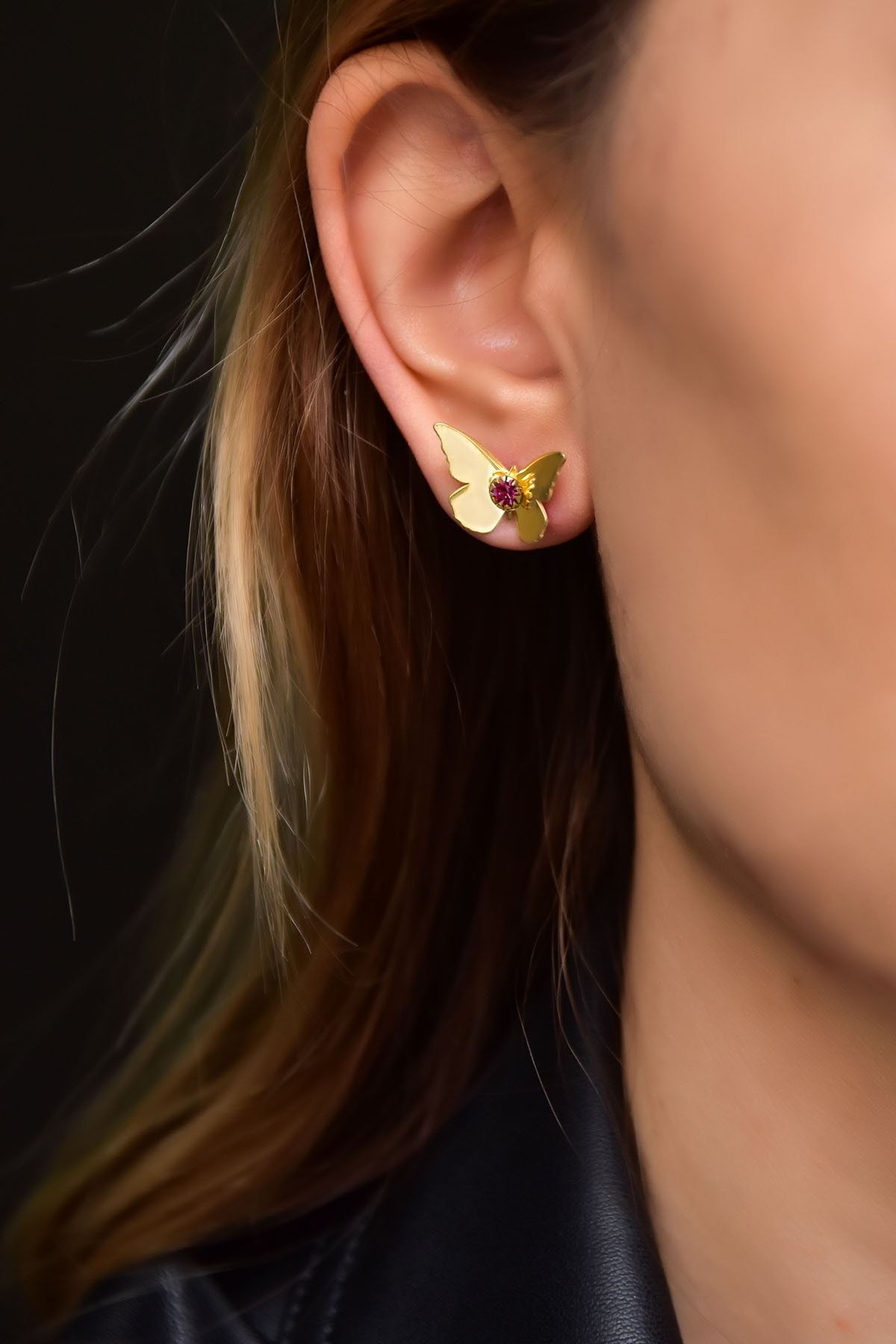 925 Ayar Gümüş Gold Kaplama Ekim Ayı Doğum Taşlı Kelebek Küpe