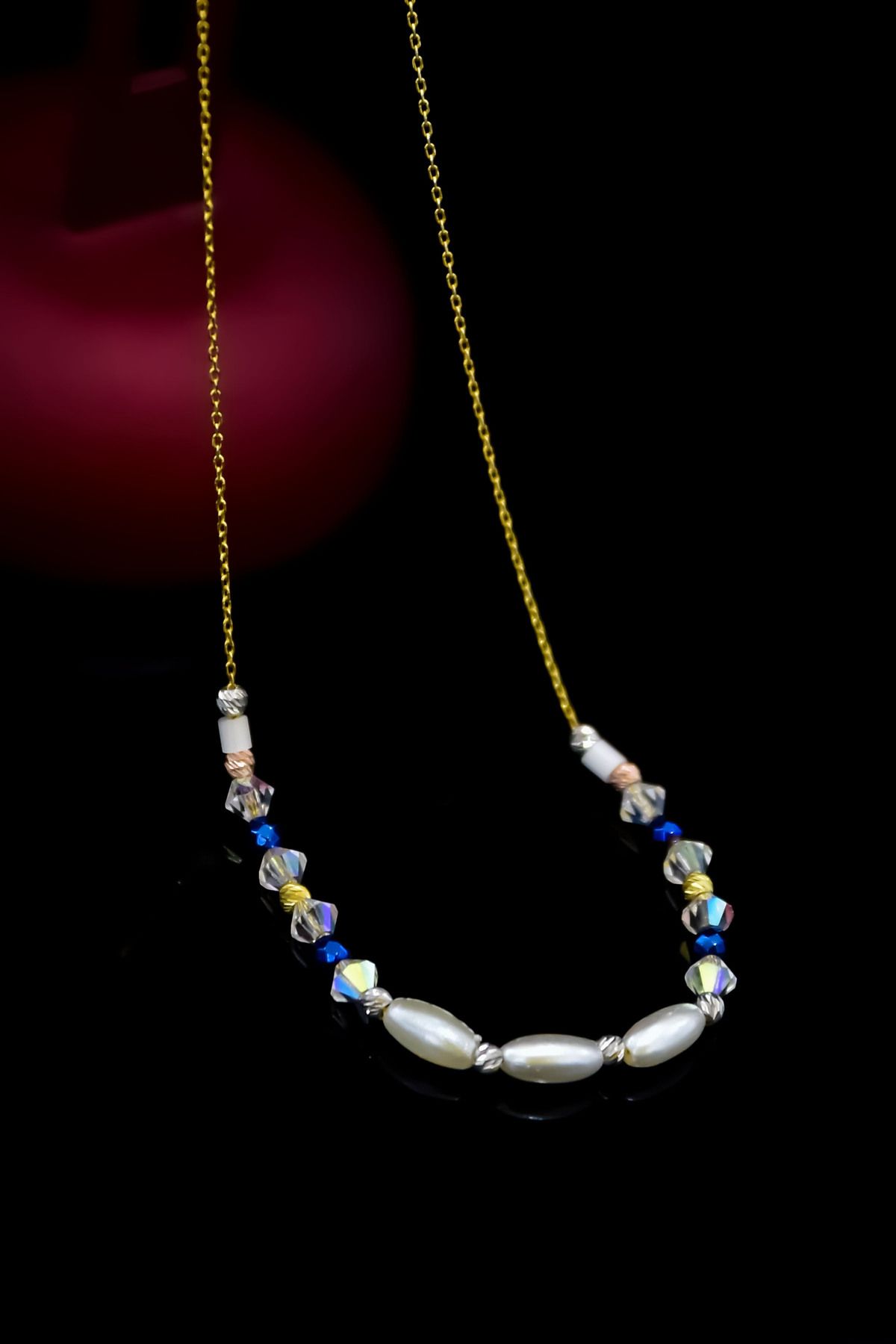 925 Ayar Gümüş Gold Kaplama Elips Incili, Lacivert Kare Boncuklu Kolye