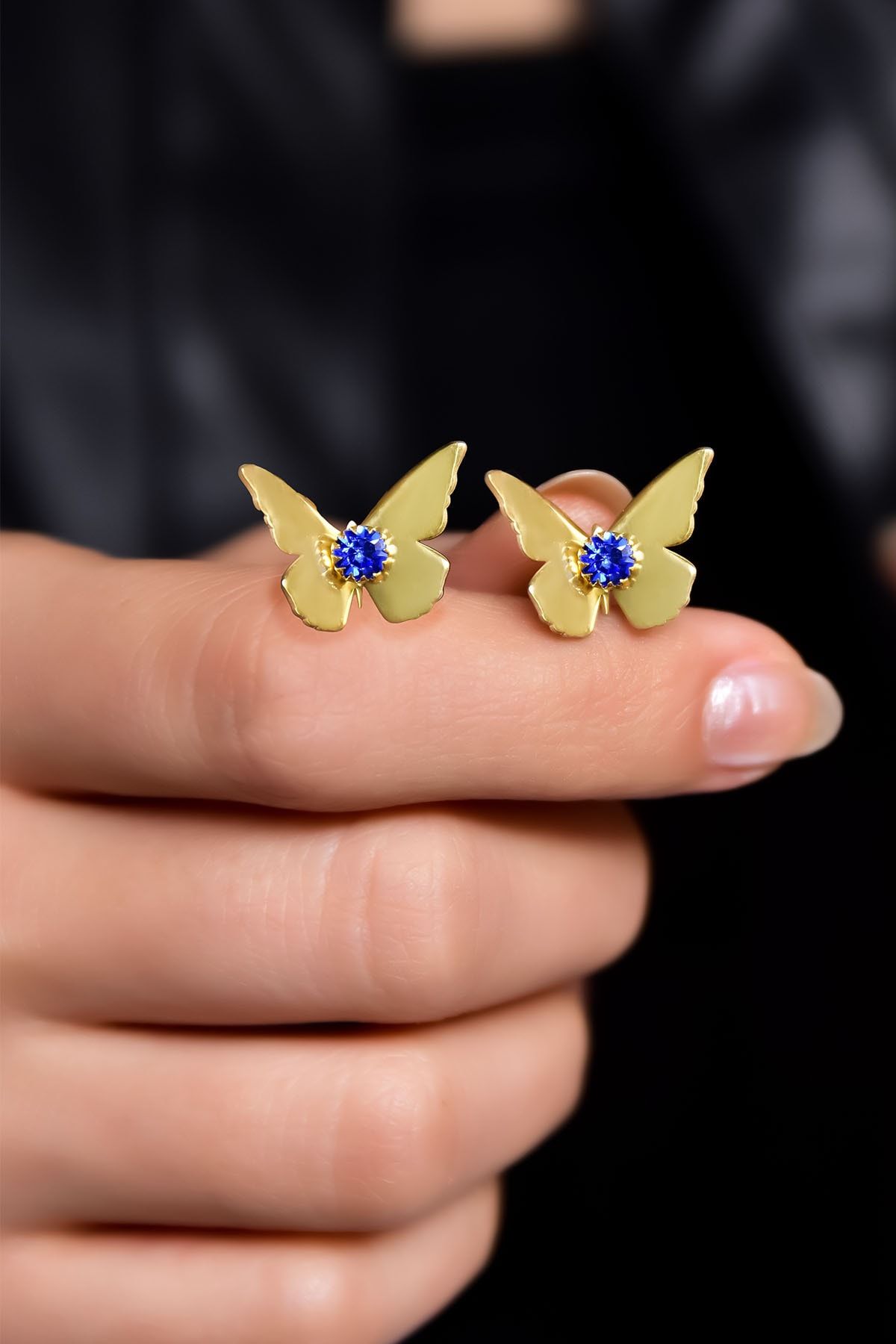 925 Ayar Gümüş Gold Kaplama Eylül Ayı Doğum Taşlı Kelebek Küpe