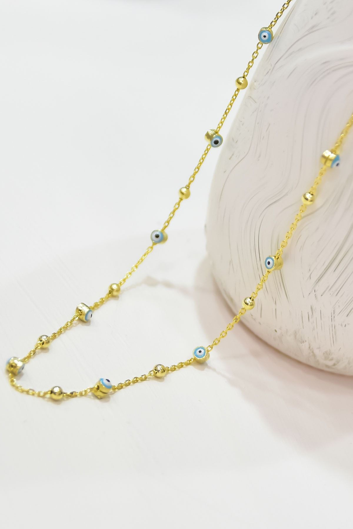 925 Ayar Gümüş Gold Kaplama Firuze Mineli Göz Top Zincir Kolye