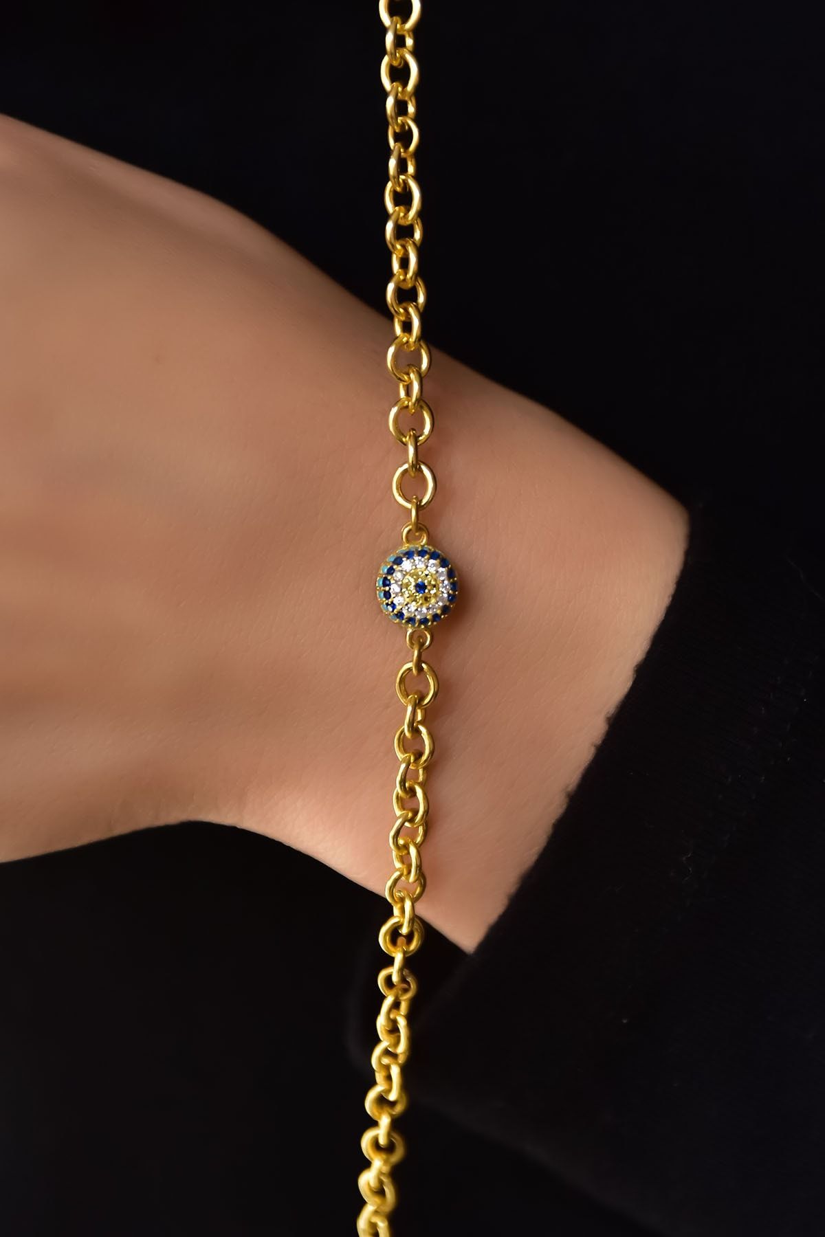 925 Ayar Gümüş Gold Kaplama Firuze Nazar Göz Halloy Zincir Bileklik