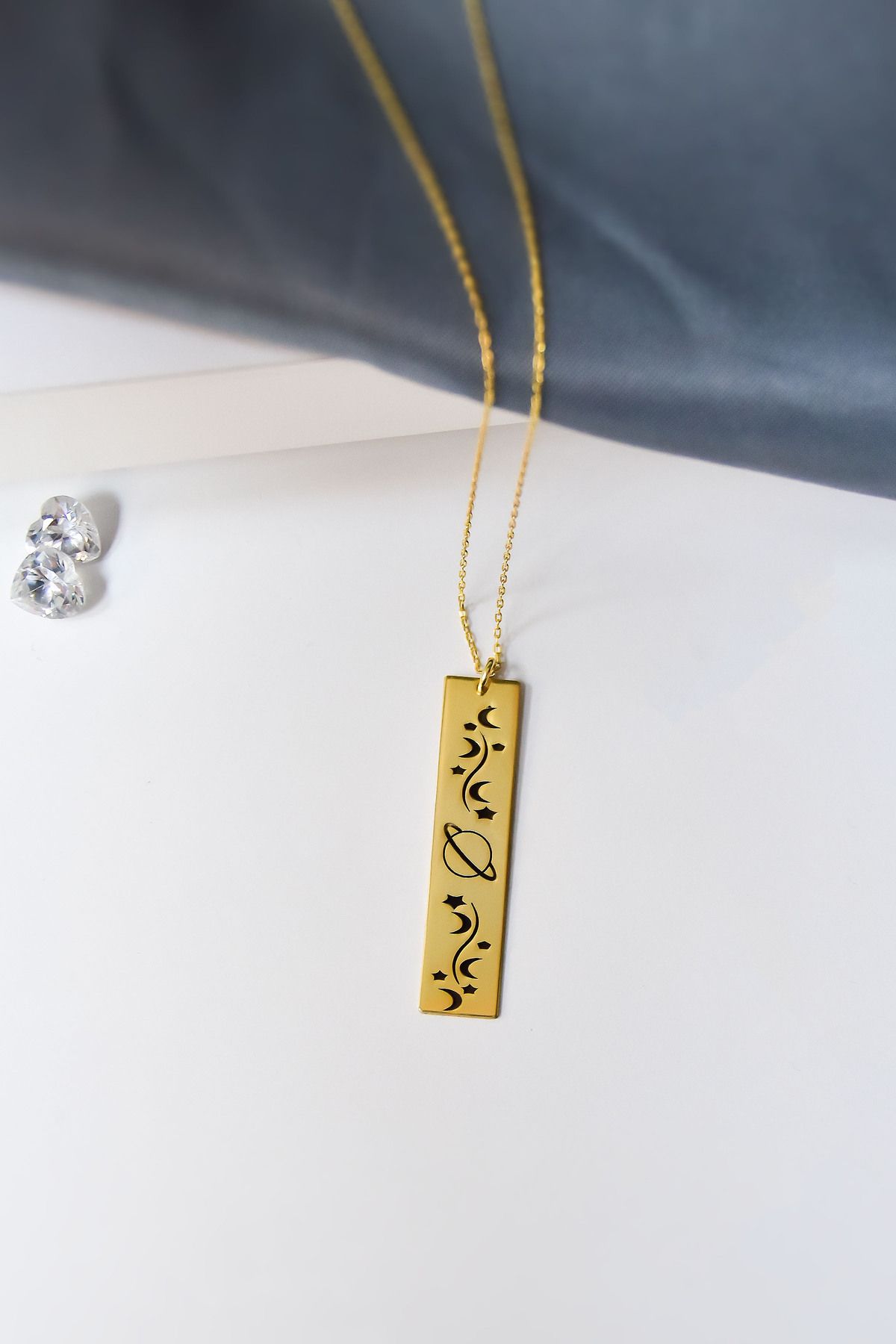 925 Ayar Gümüş Gold Kaplama Galaksi, Samanyolu Kuyruklu Yıldız, Ay Ve Gezegen Sembollü Plaka Kolye