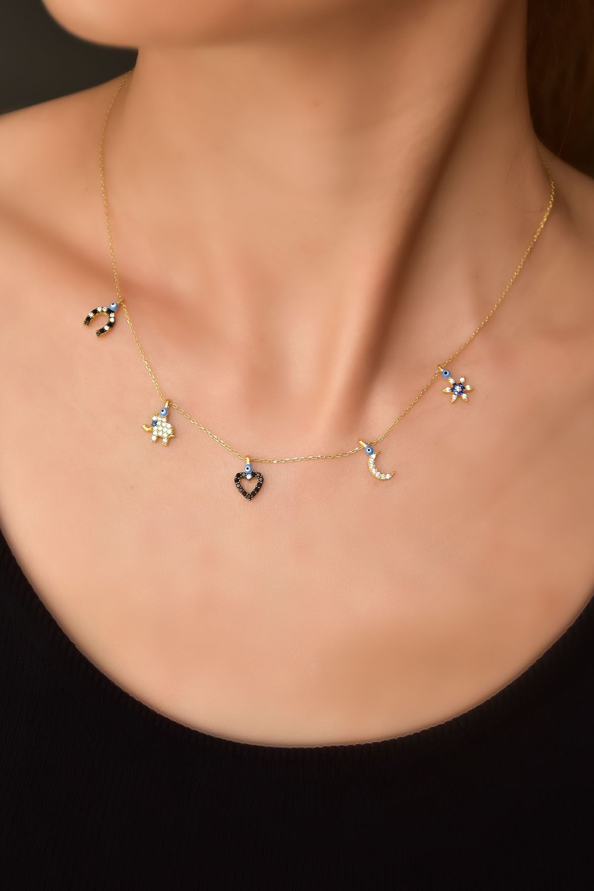 925 Ayar Gümüş Gold Kaplama Göz Mineli Zirkon Taşlı Şans Kolye