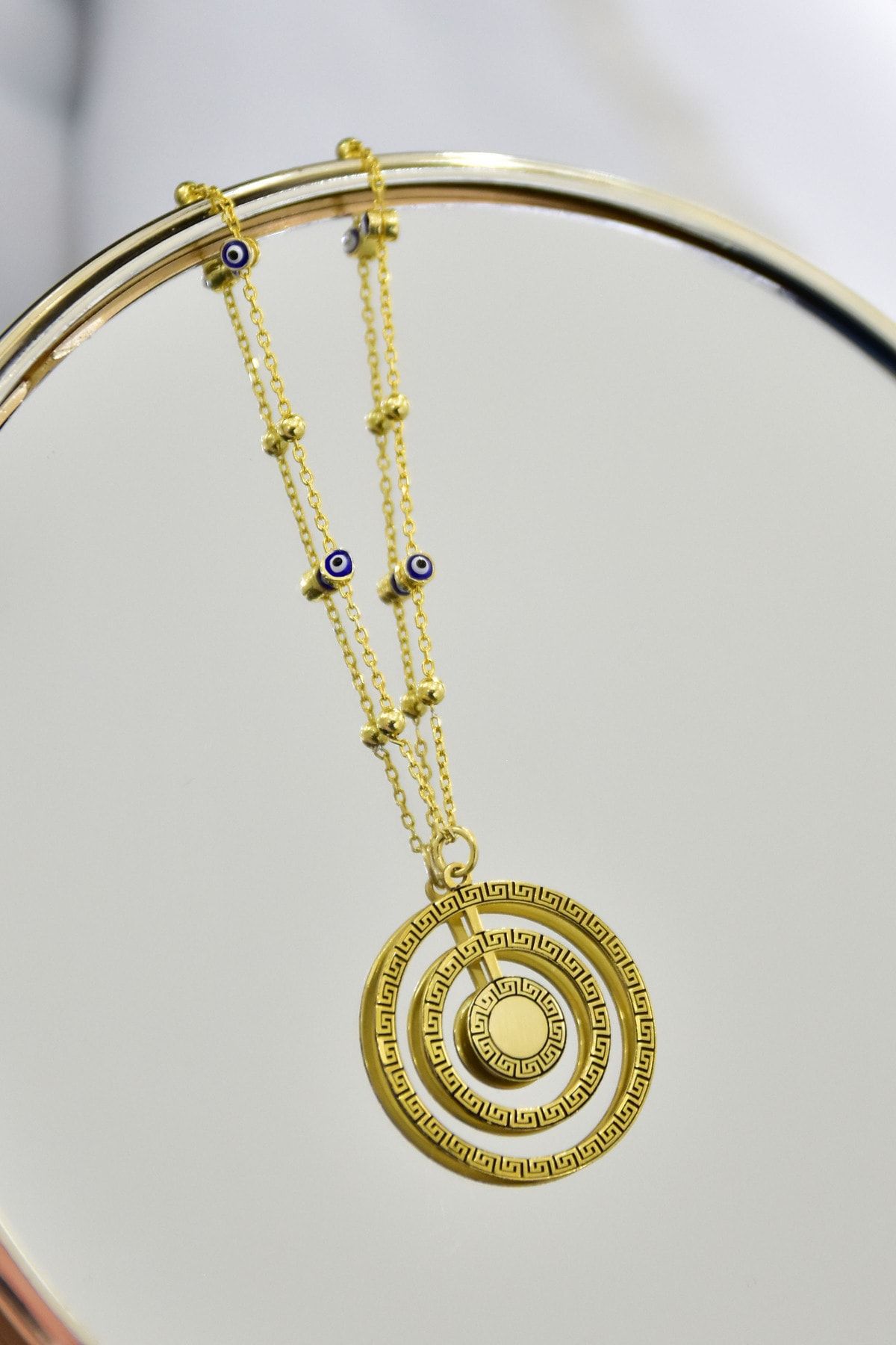 925 Ayar Gümüş Gold Kaplama Greek Desenli Dönence İç İçe Daire Harfli Nazar Mineli Zincirli Kolye