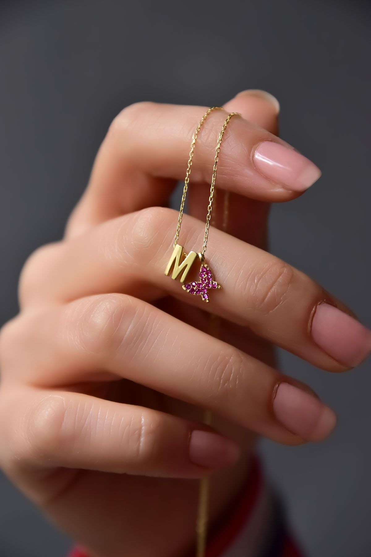 925 Ayar Gümüş Gold Kaplama Harf, Minimal Fuşya Zirkon Taşlı Kelebek Kolye
