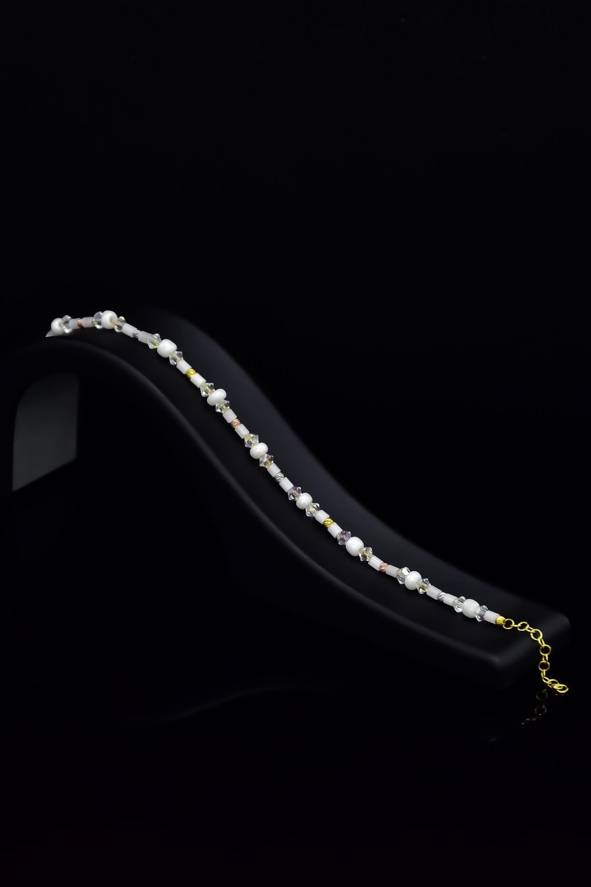 925 Ayar Gümüş Gold Kaplama Helezon Boncuklu, Şeffaf Beyaz Kristal Boncuk Bileklik