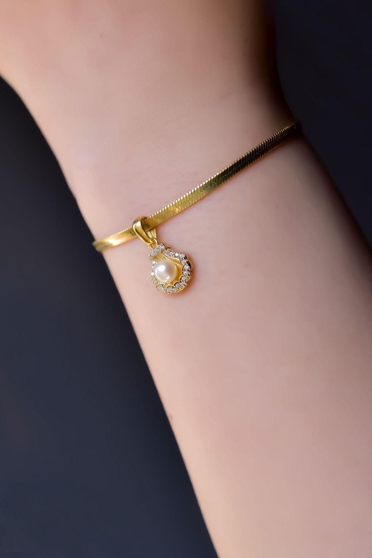 925 Ayar Gümüş Gold Kaplama Incili Deniz Kabuğu, Italyan Zincir Bileklik