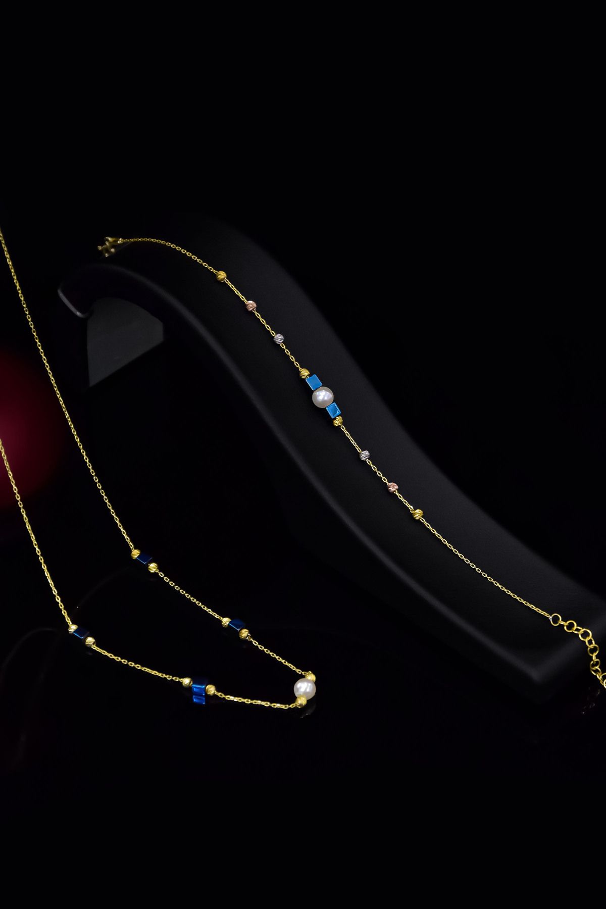 925 Ayar Gümüş Gold Kaplama Incili ,Dört Lacivert Kare Boncuklu Set