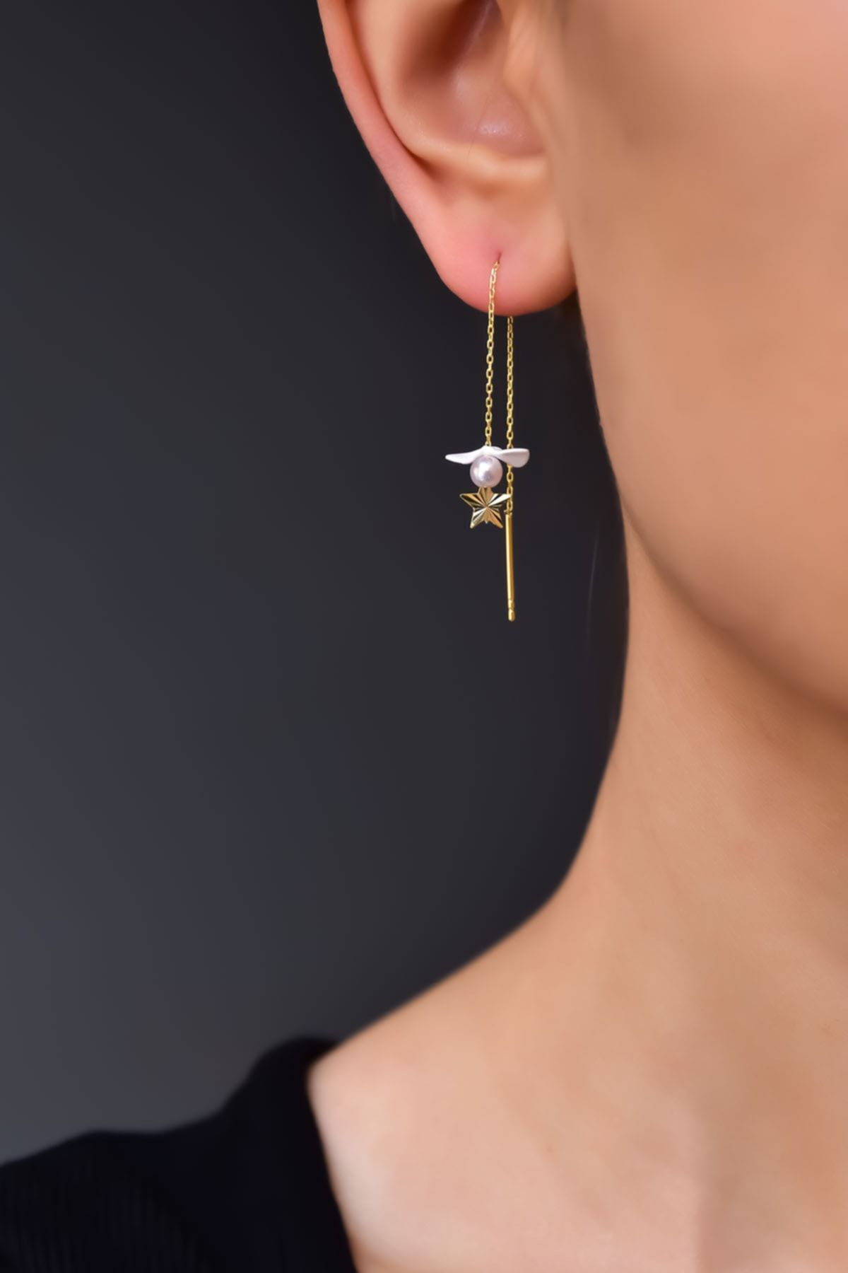 925 Ayar Gümüş Gold Kaplama Incili Fortune Zincir Küpe