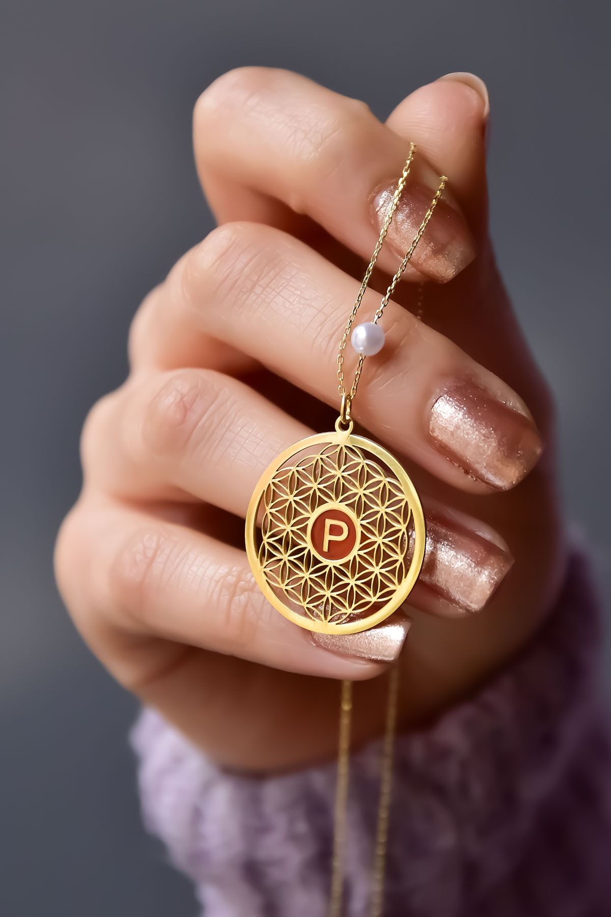 925 Ayar Gümüş Gold Kaplama Incili Parlayan Rüya Serisi Harfli Yaşam Çiçeği Kolye