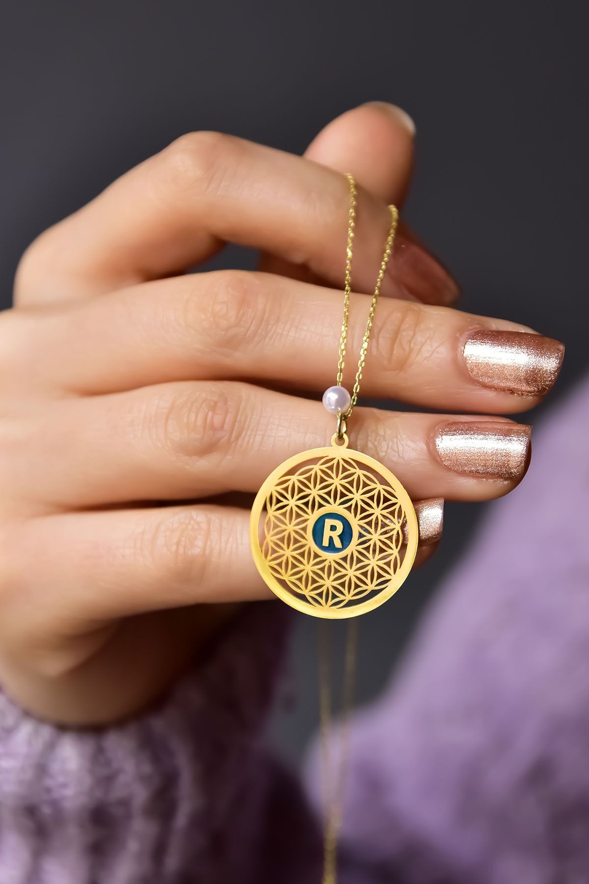 925 Ayar Gümüş Gold Kaplama Incili Parlayan Rüya Serisi Harfli Yaşam Çiçeği Kolye