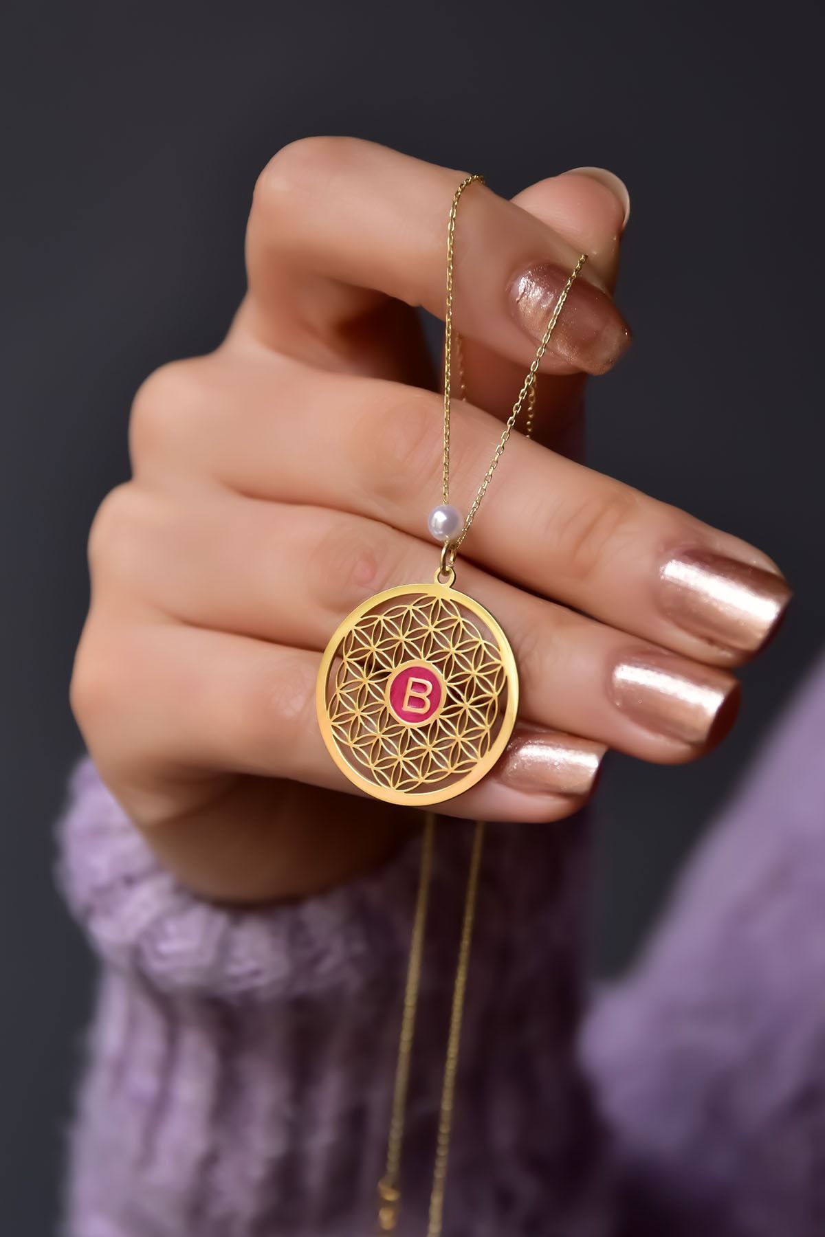 925 Ayar Gümüş Gold Kaplama Incili Parlayan Rüya Serisi Harfli Yaşam Çiçeği Kolye