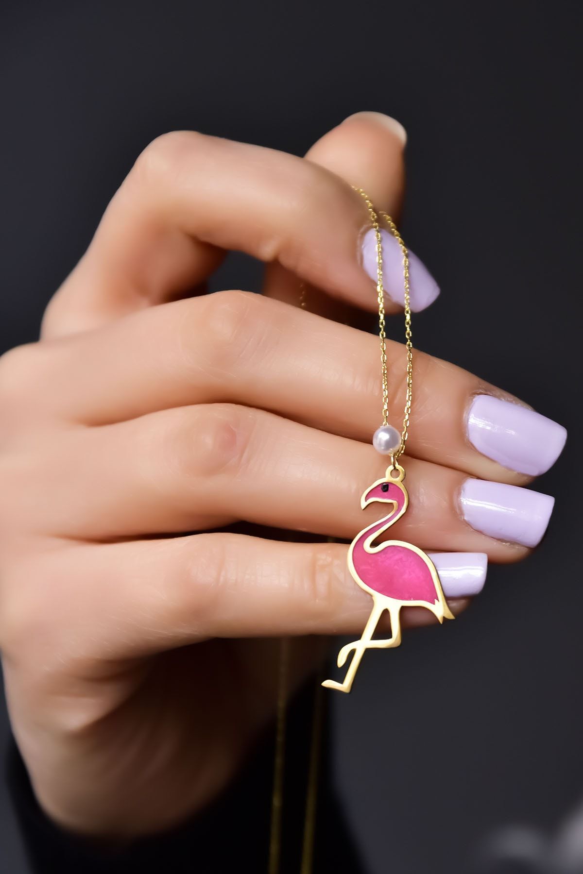 925 Ayar Gümüş Gold Kaplama Incili Parlayan Rüya Serisi Tasarım Ebruli Cam Boyalı Flamingo Kolye