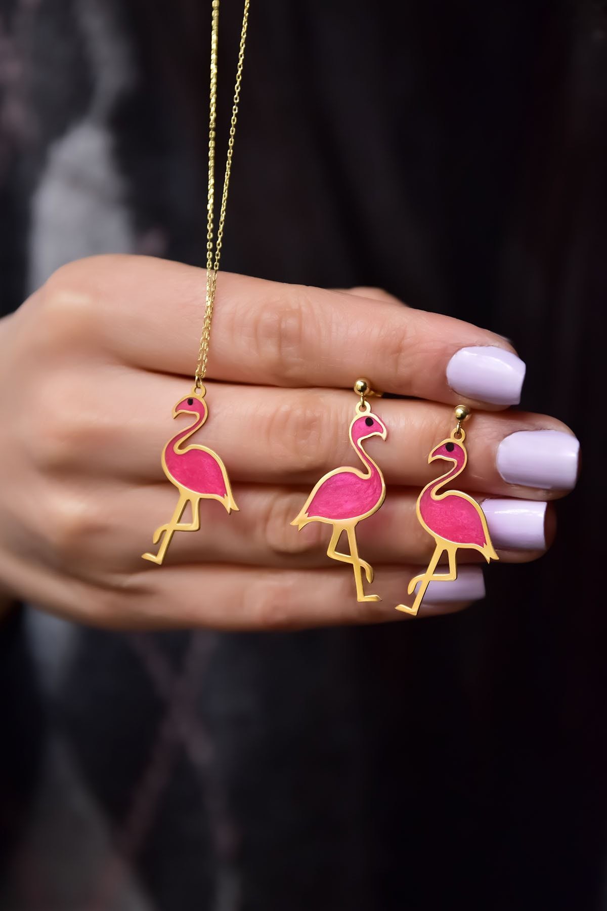 925 Ayar Gümüş Gold Kaplama Incili Parlayan Rüya Serisi Tasarım Ebruli Cam Boyalı Flamingo Set