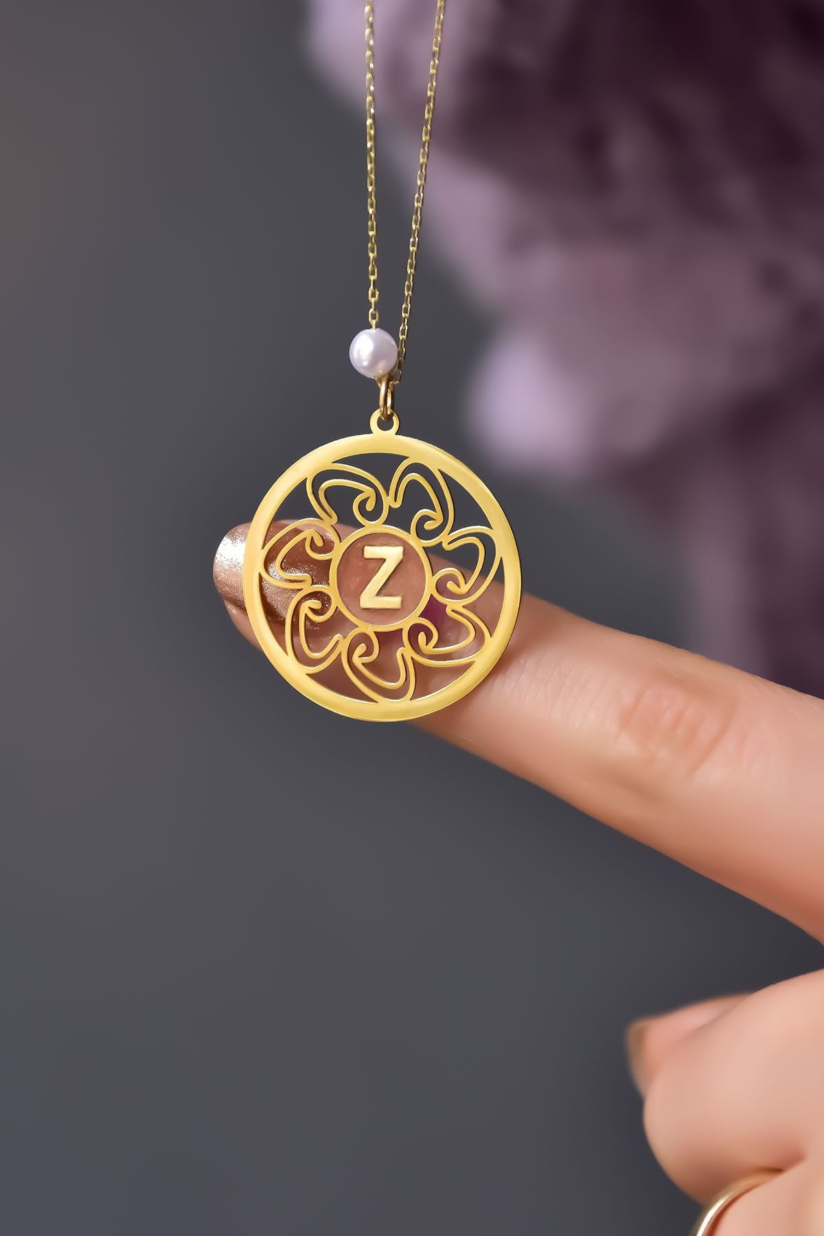 925 Ayar Gümüş Gold Kaplama Incili Parlayan Rüya Serisi Vav Harfli, Bağlılık Yemin Çemberi Kolye