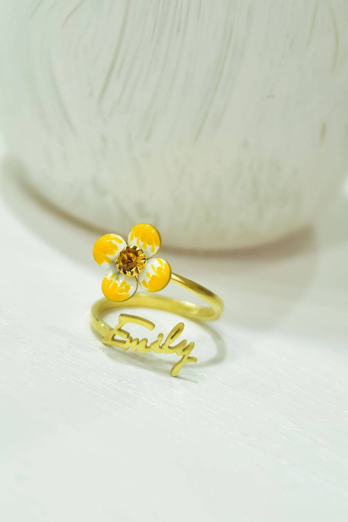 925 Ayar Gümüş Gold Kaplama Isimli Doğum Taşı Sarı Mineli Yonca Yüzük