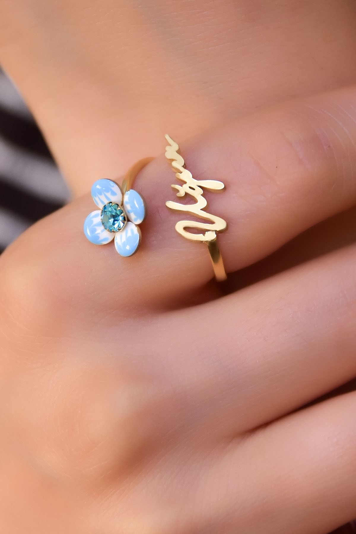 925 Ayar Gümüş Gold Kaplama Isimli Doğum Taşı Yonca Yüzük