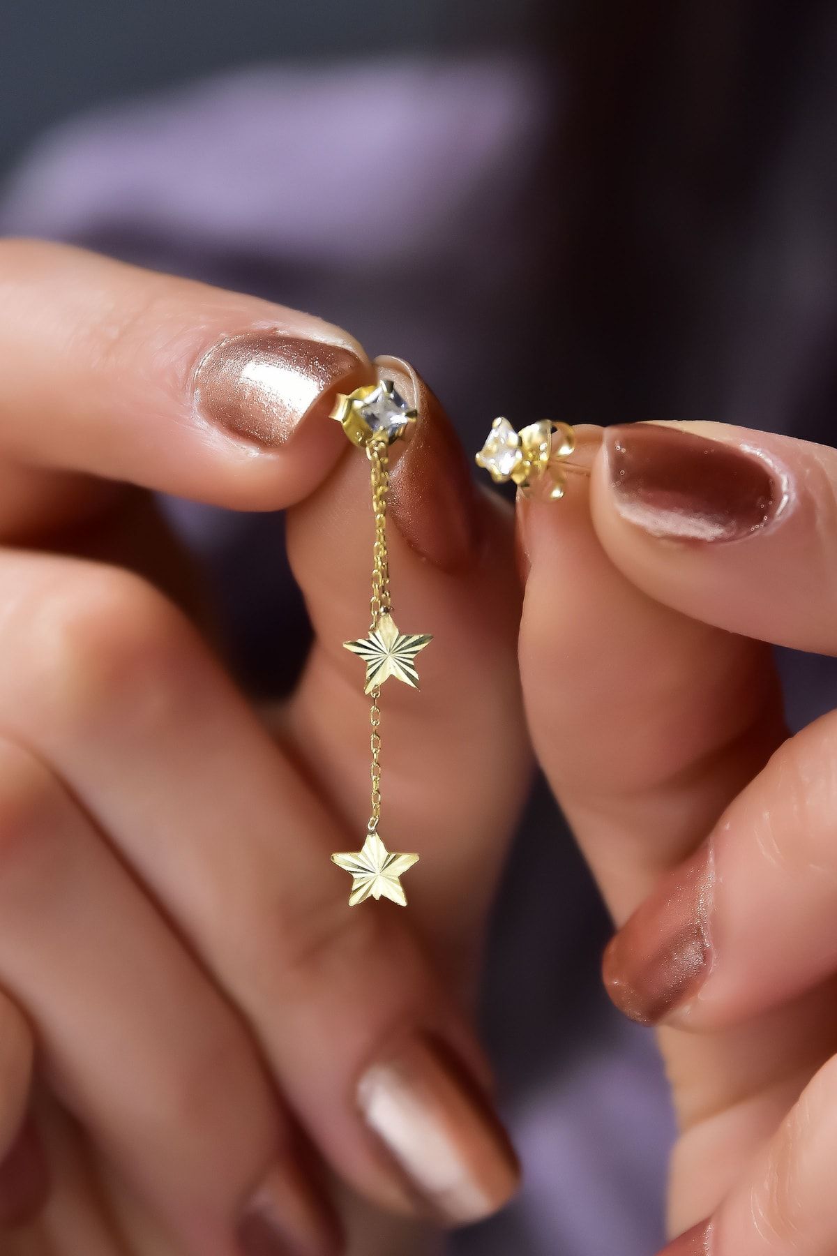 925 Ayar Gümüş Gold Kaplama Kalemli Çift Zincir Yıldız Ve Tektaş Küpe