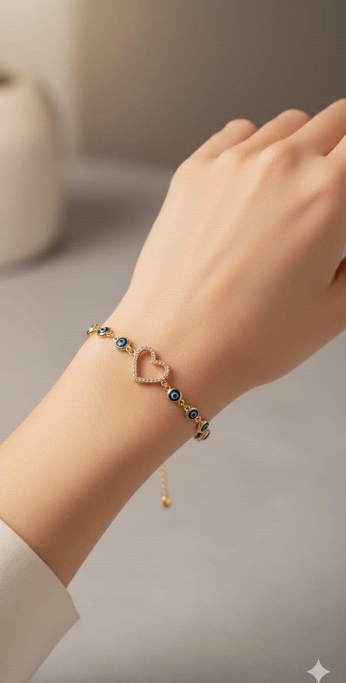 925 Ayar Gümüş Gold Kaplama Kalp Montür Cam Göz Nazar Bileklik