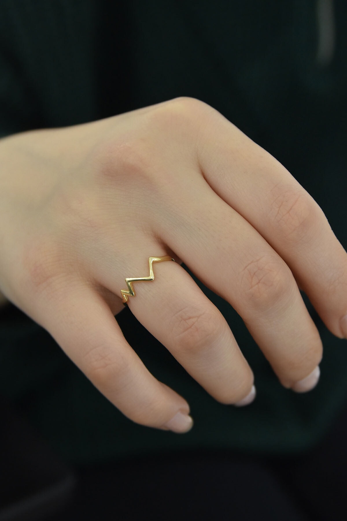 925 Ayar Gümüş Gold Kaplama Kalp Ritmi Ayarlanabilir Yüzük