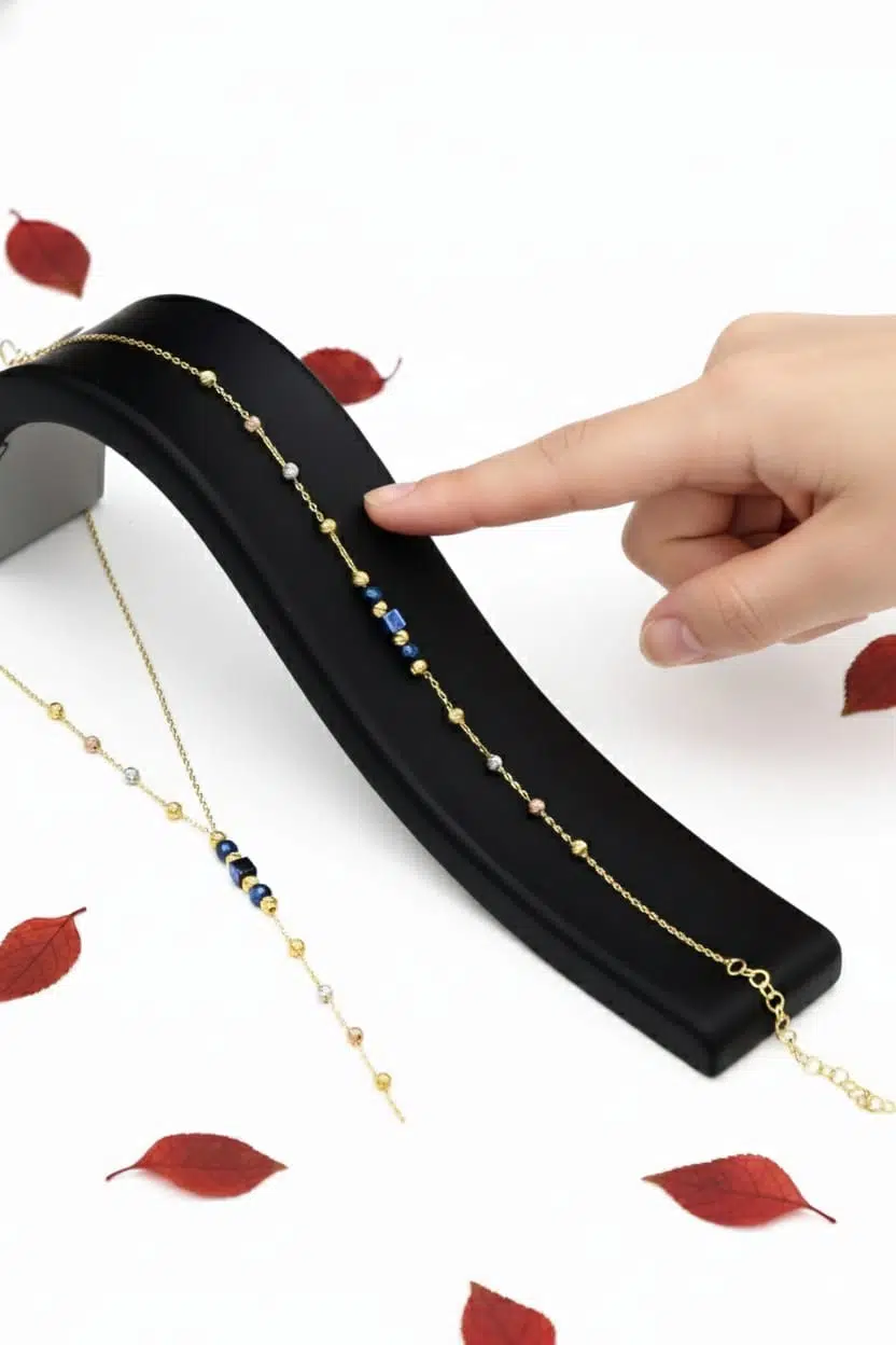 925 Ayar Gümüş Gold Kaplama Kayan Dorika Toplu Lacivert Kare Boncuklu Set