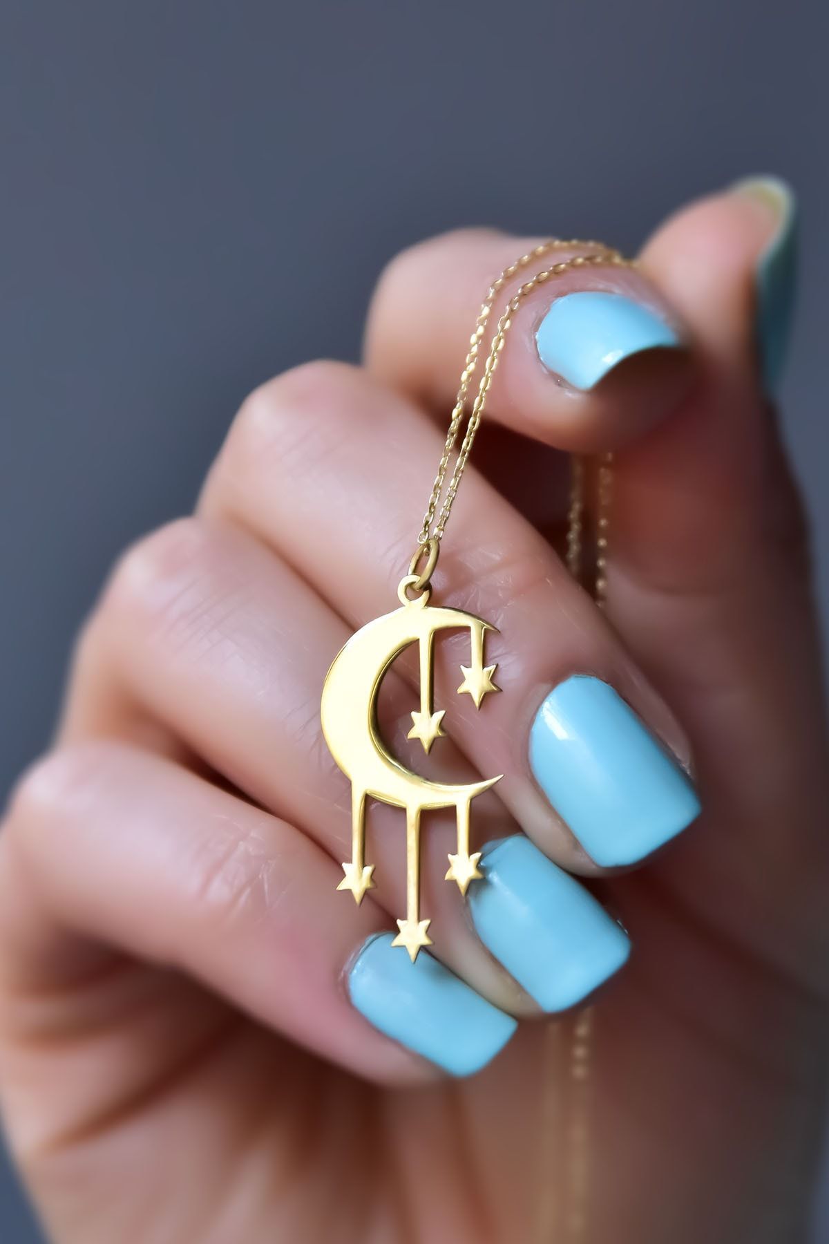 925 Ayar Gümüş Gold Kaplama Kesim Dilek Yıldızı Hilal Kolye