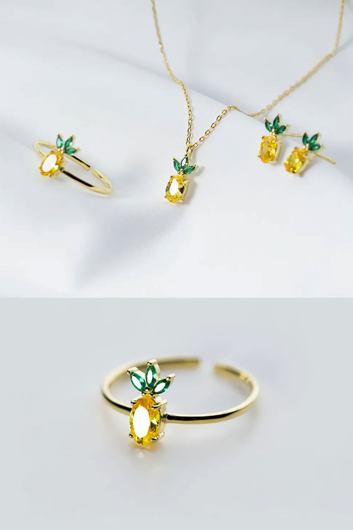 925 Ayar Gümüş Gold Kaplama Kolye Yüzük Küpe Takı Seti Küçük Sevimli Ananas Kolye