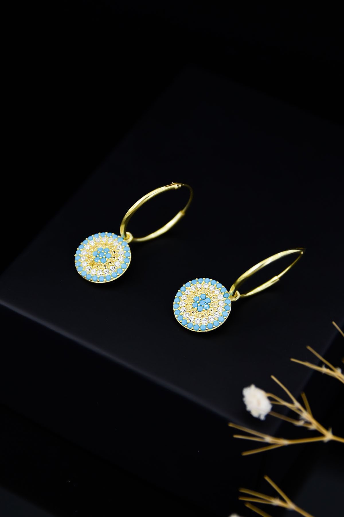 925 Ayar Gümüş Gold Kaplama Küçük Boy Firuze Nazar Halka Kadın Küpe Uvpts300020