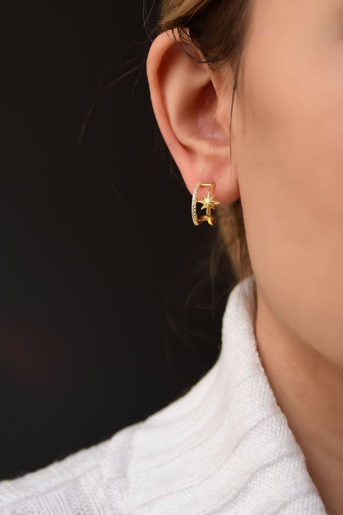 925 Ayar Gümüş Gold Kaplama Kutup Yıldızlı Zirkon Taşlı Halka Küpe