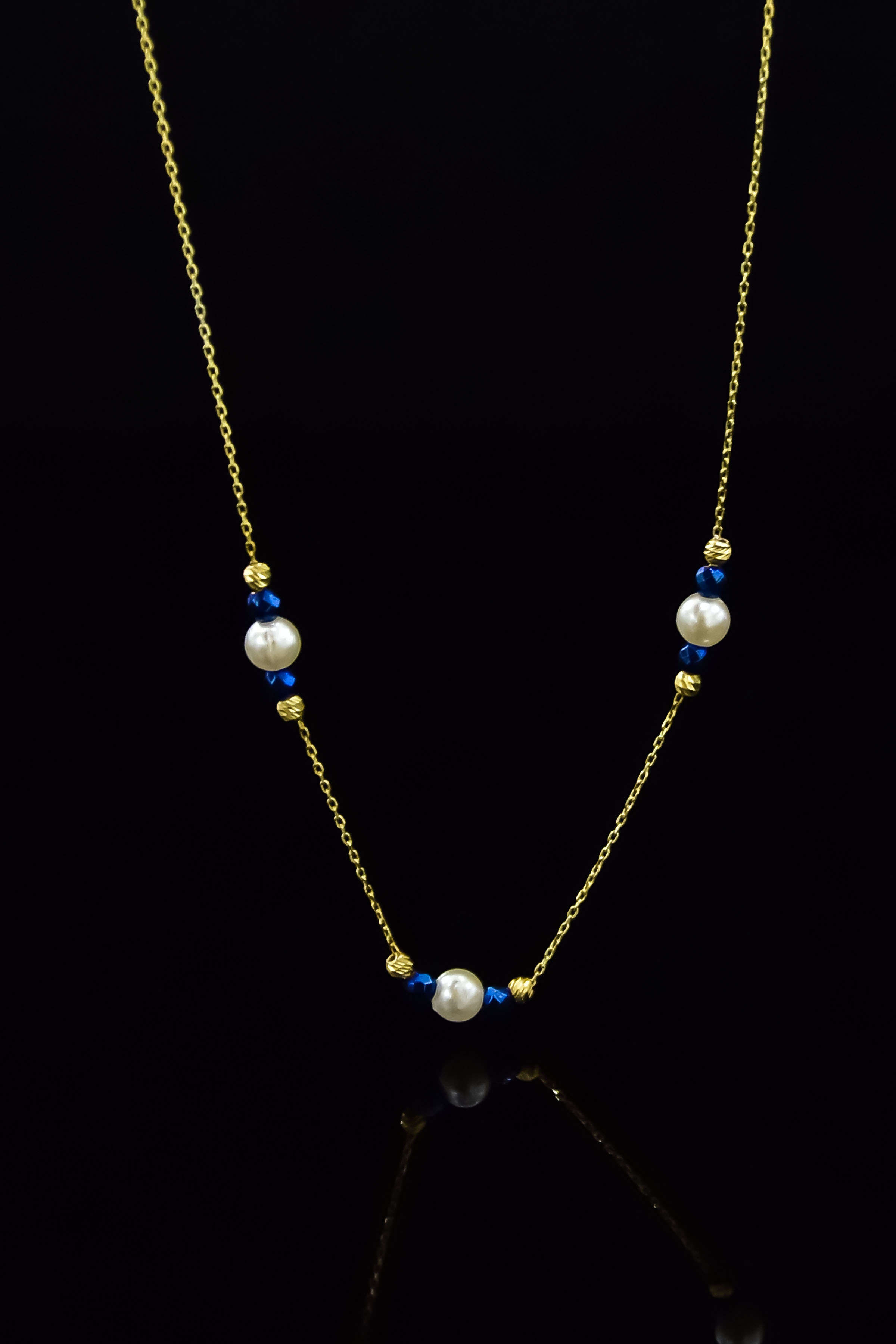 925 Ayar Gümüş Gold Kaplama Lacivert Boncuklu Dorika Toplu , Incili Kolye