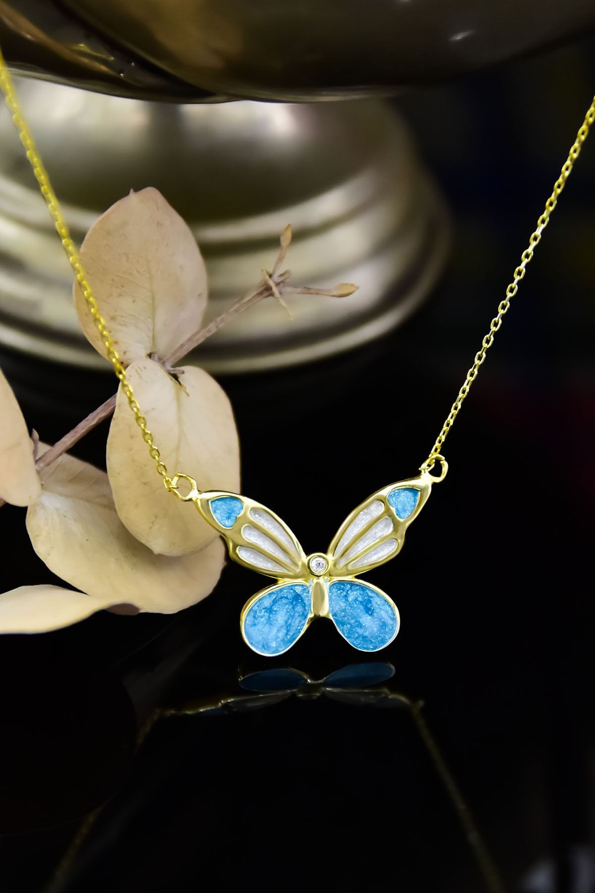 925 Ayar Gümüş Gold Kaplama Mavi Mineli Sedef Kelebek Kolye Model 3
