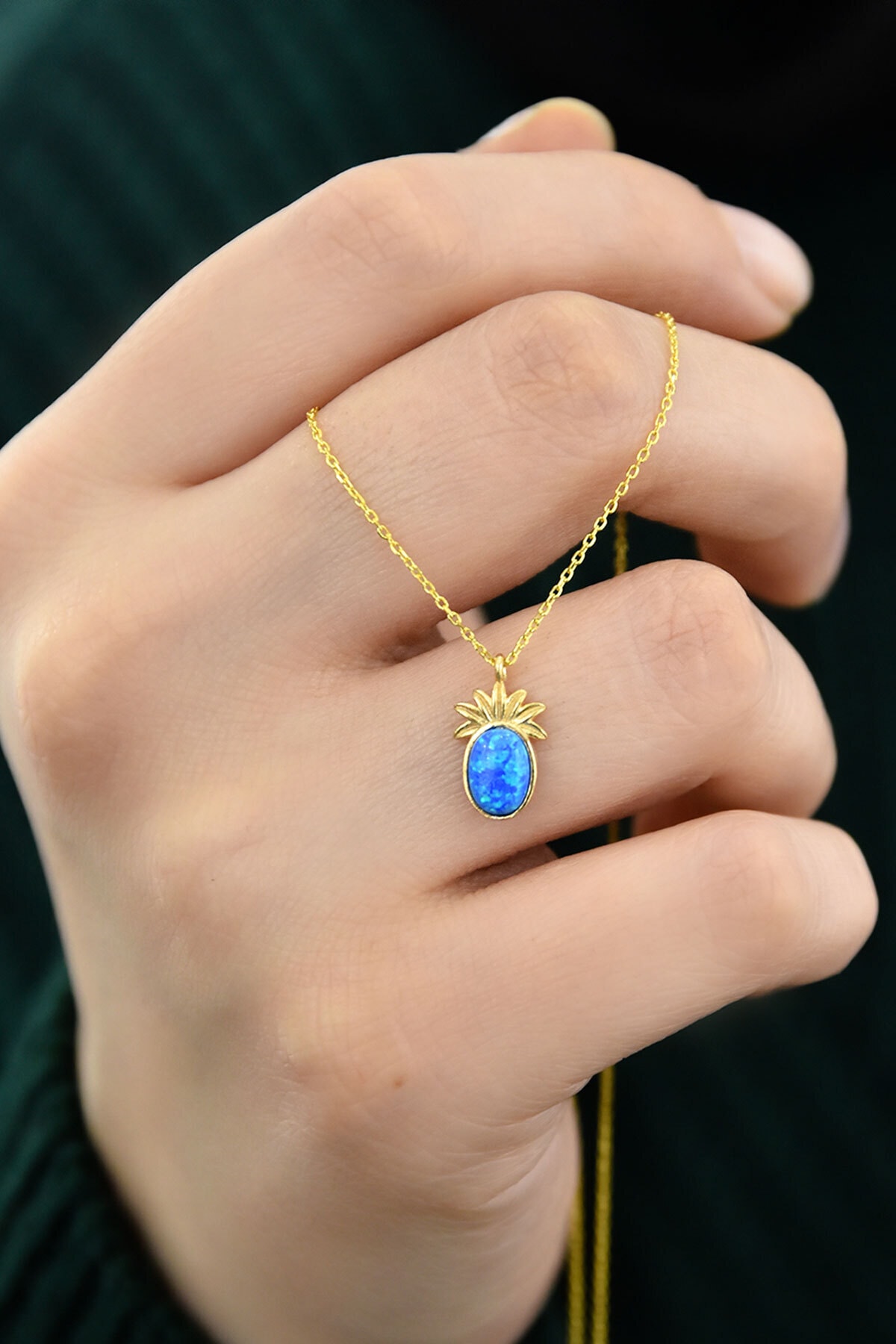 925 Ayar Gümüş Gold Kaplama Mavi Opal Taşlı Ananas Kolye