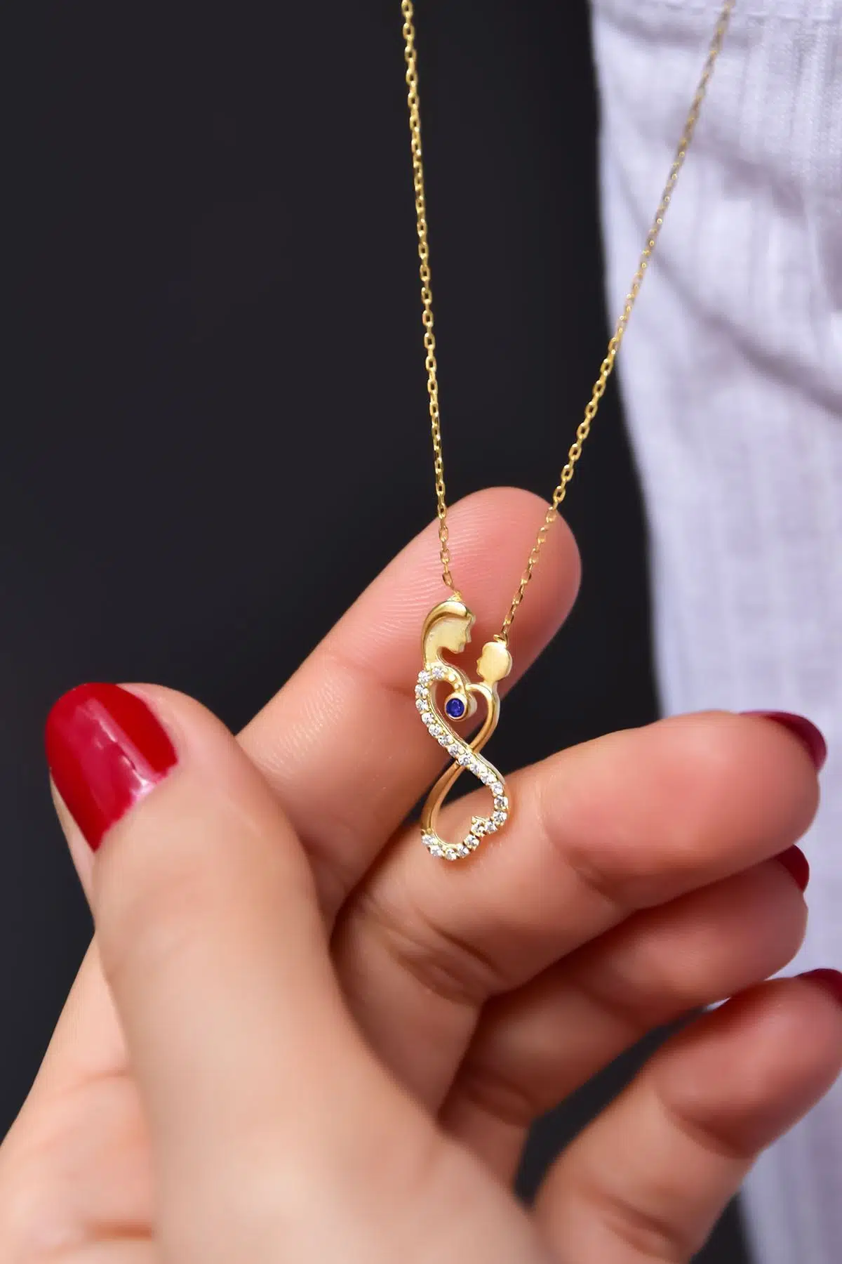 925 Ayar Gümüş Gold Kaplama Mavi Taşlı Sonsuzluk Anne Erkek Çocuk Kolye