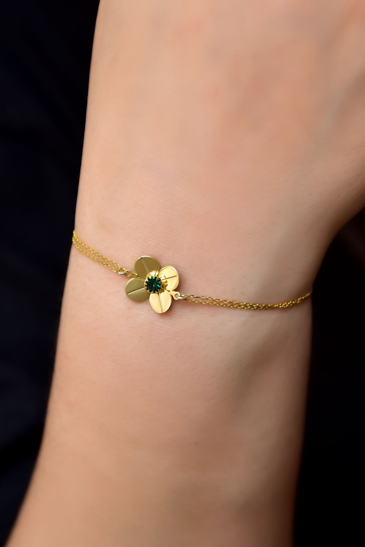 925 Ayar Gümüş Gold Kaplama Mayıs Ayı Doğum Taşlı Şans Dört Yapraklı Yonca Bileklik