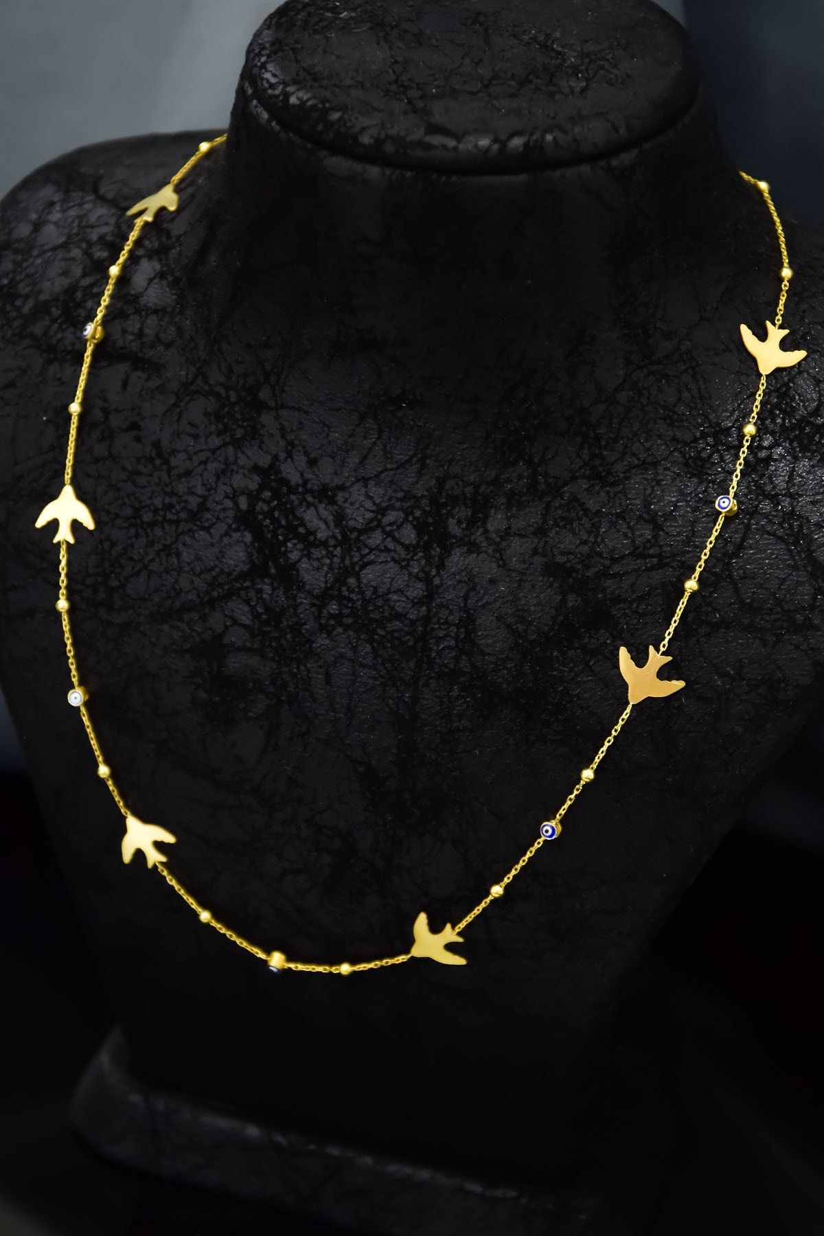 925 Ayar Gümüş Gold Kaplama Mineli Göz Top Zincirli Kesim Kırlangıç Kolye