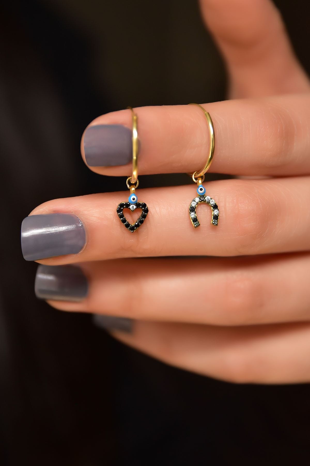 925 Ayar Gümüş Gold Kaplama Mineli Gözlü Nal Ve Kalp Halka Küpe