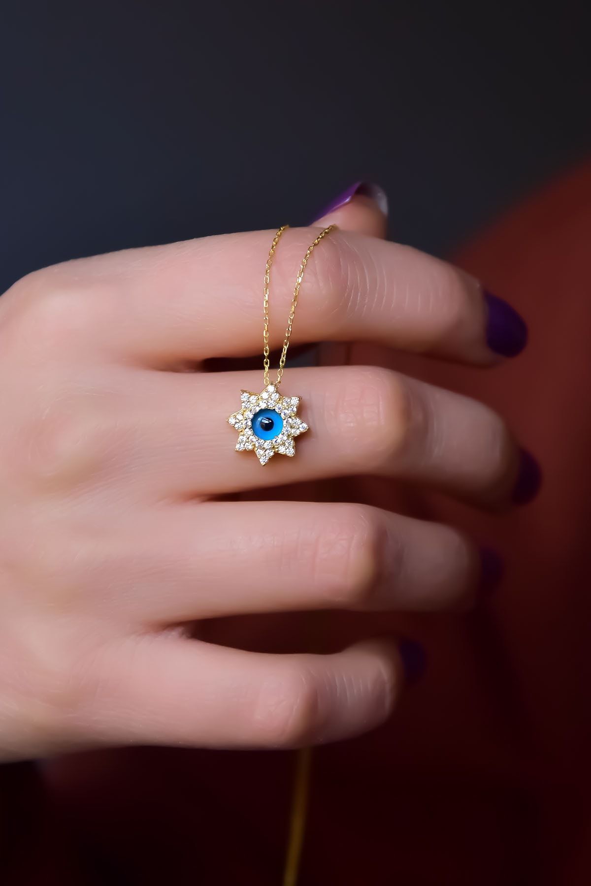 925 Ayar Gümüş Gold Kaplama Mona Lisa Nazar Göz, Cam Göz Güneş Kolye