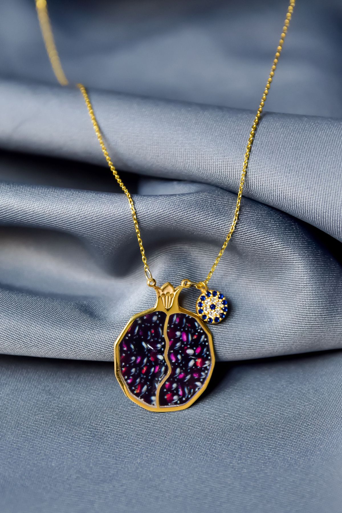 925 Ayar Gümüş Gold Kaplama Nazar Boncuklu , Mineli Bolluk Ve Bereket Tılsımı Nar Taneli Kolye