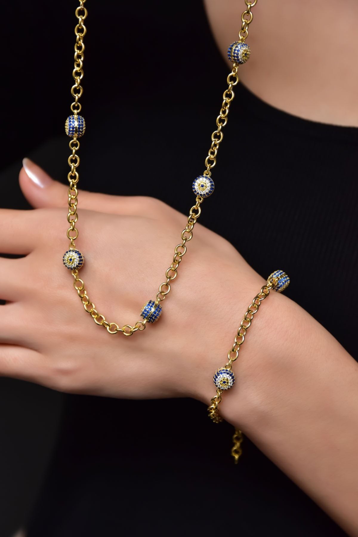 925 Ayar Gümüş Gold Kaplama Nazar Göz Kolye Ve Bileklik Set