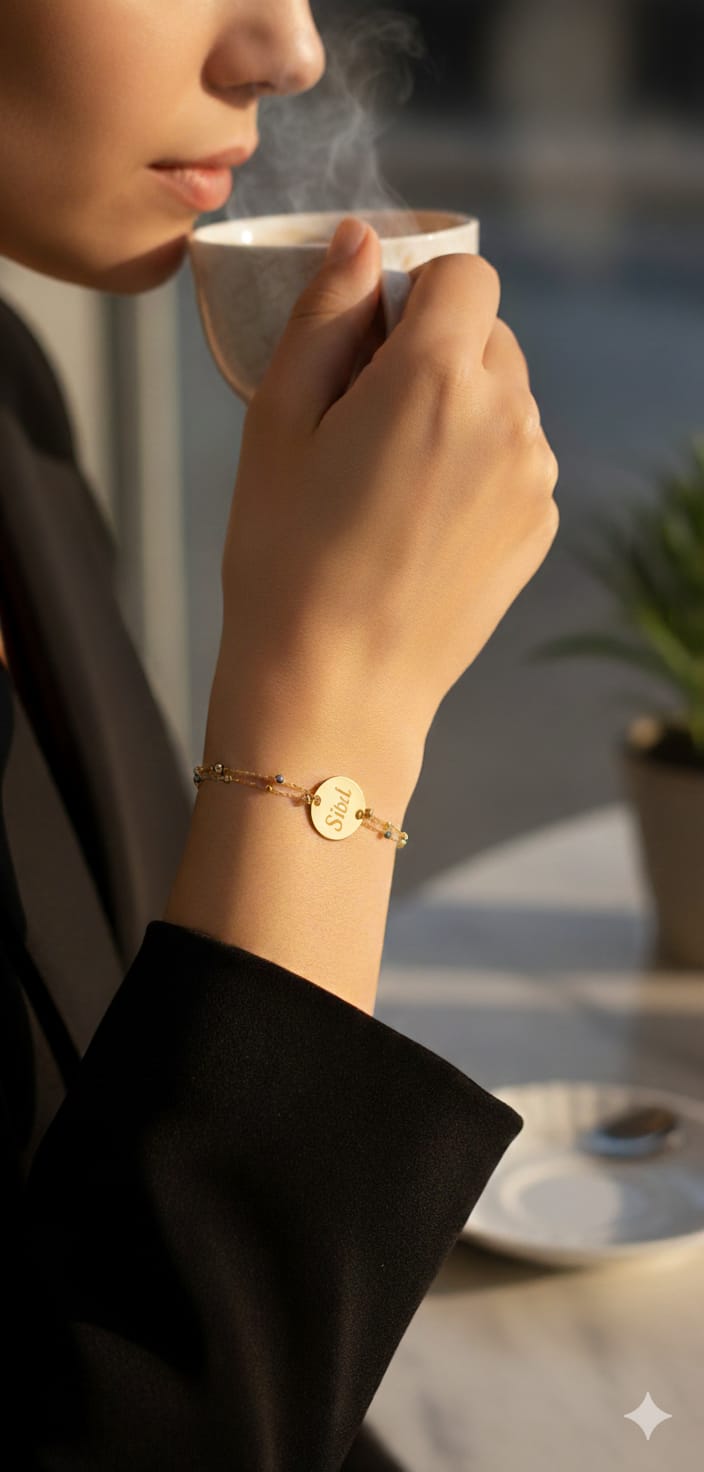 925 Ayar Gümüş Gold Kaplama Nazar Mineli Zincir Isimli Plaka Bileklik