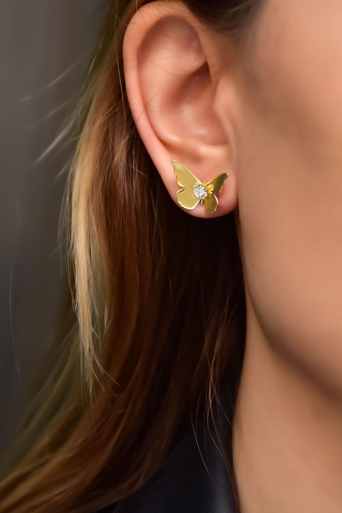 925 Ayar Gümüş Gold Kaplama Nisan Ayı Doğum Taşlı Kelebek Küpe