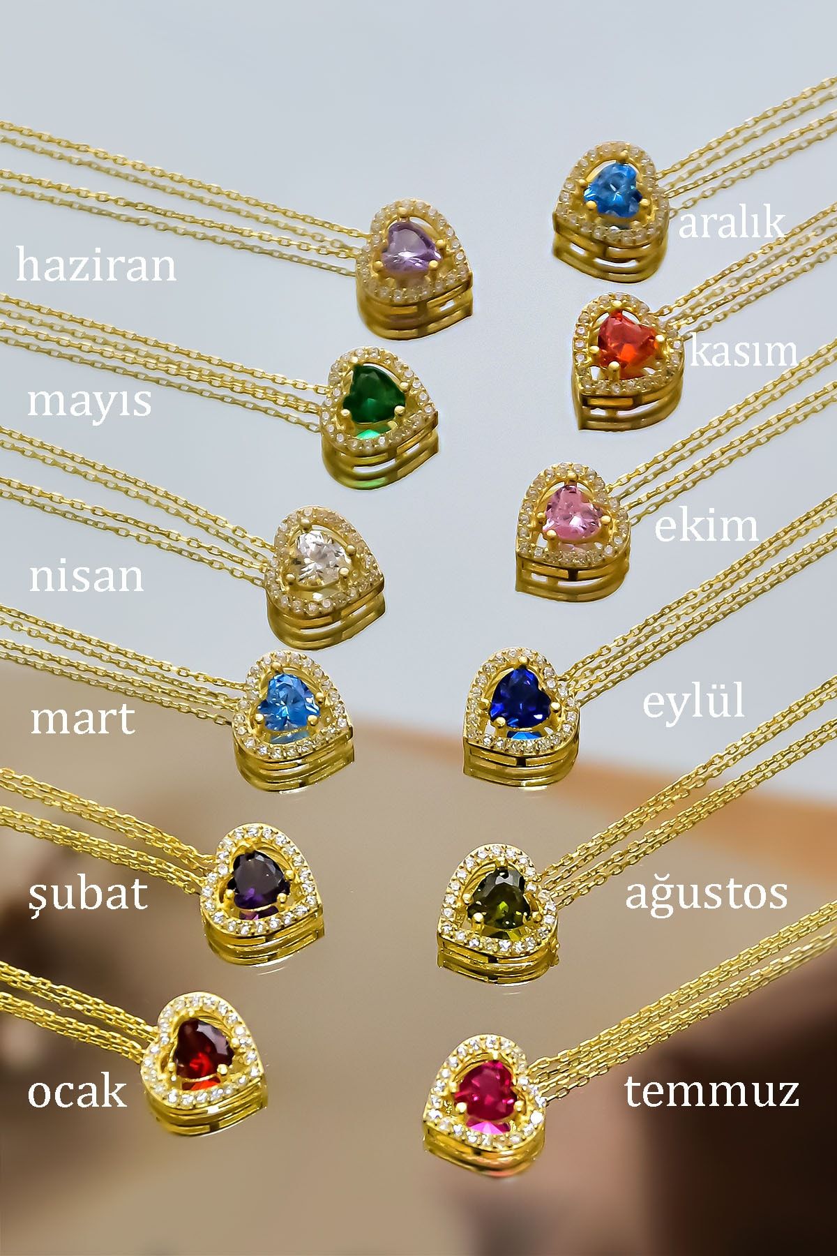 925 Ayar Gümüş Gold Kaplama Ocak Ayı Doğum Taşı Kalp Montür Kolye