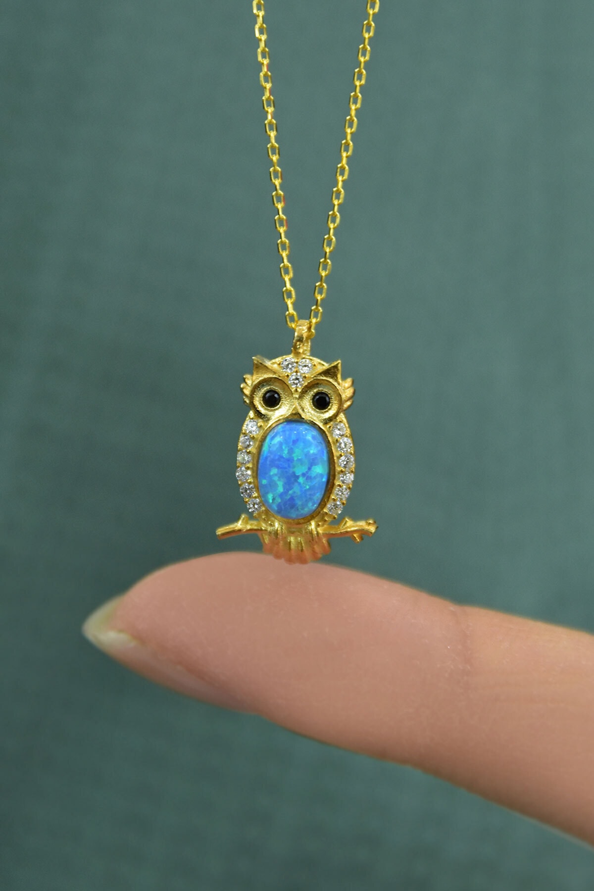 925 Ayar Gümüş Gold Kaplama Opal Baykuş Kolye