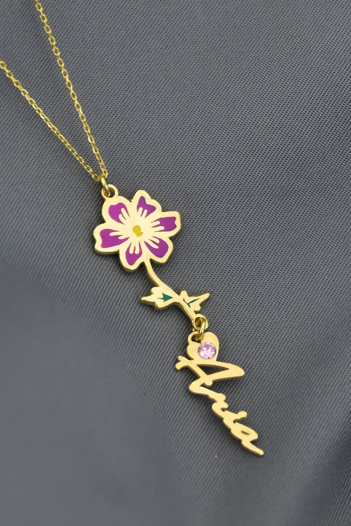 925 Ayar Gümüş Gold Kaplama Özel Tasarım Kalp Doğum Taşlı Mineli. Ekim Ayı Çiçeği,Ekim Ayı Isim Kolye