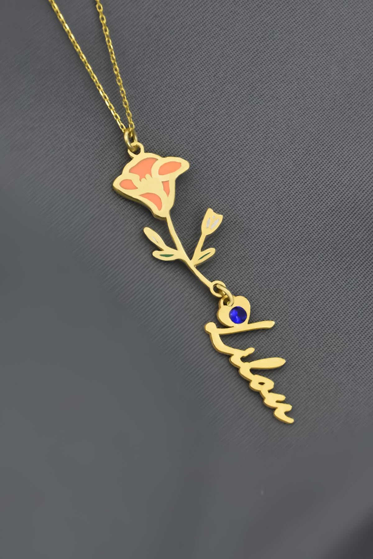 925 Ayar Gümüş Gold Kaplama Özel Tasarım Kalp Doğum Taşlı Mineli. Eylül Ayı kolyesi.temmuz ayı çiçeği. isim Kolye
