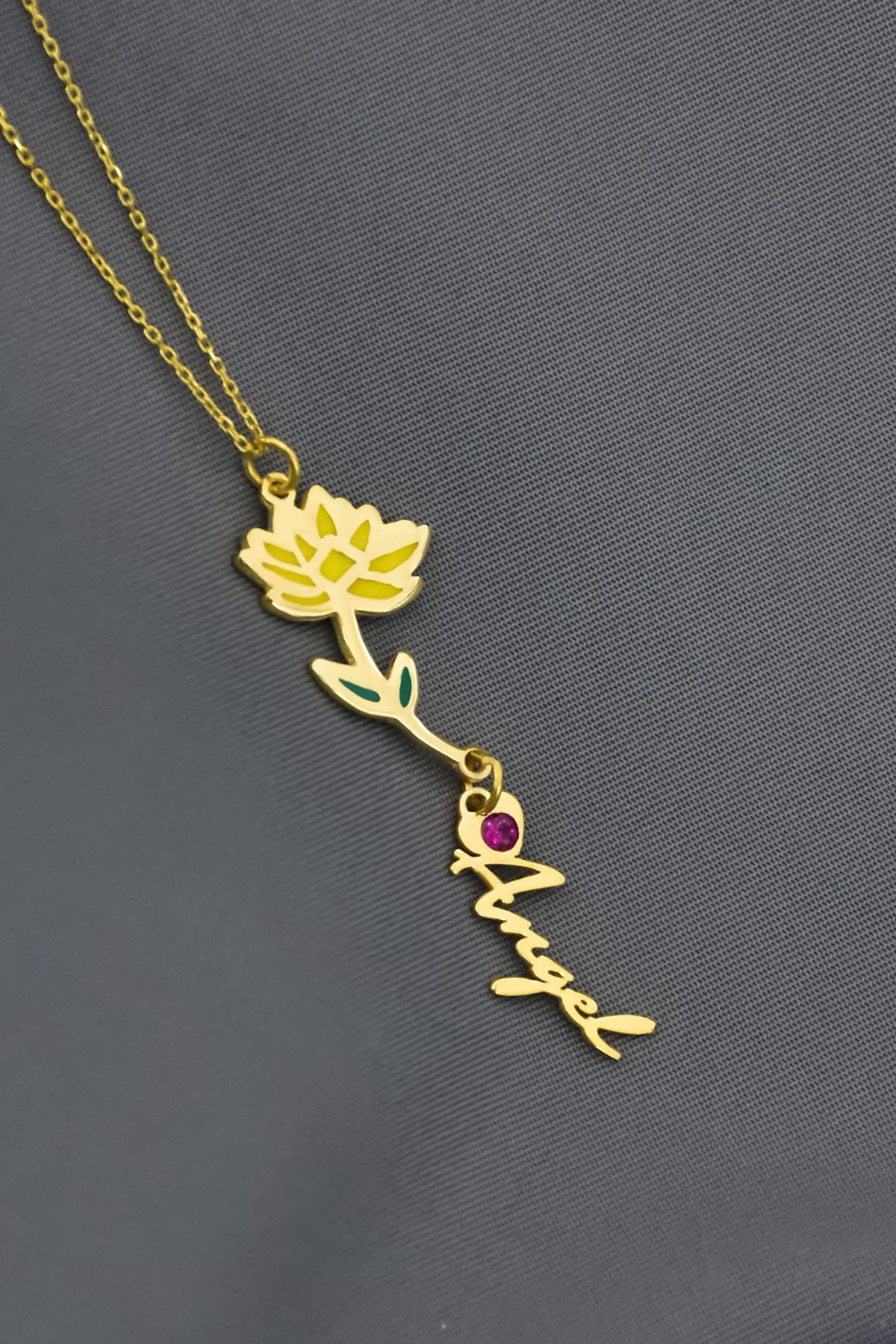 925 Ayar Gümüş Gold Kaplama Özel Tasarım Kalp Doğum Taşlı Mineli. Temmuz Ayı Kolyesi.temmuz ayı çiçeği.Isim Kolye