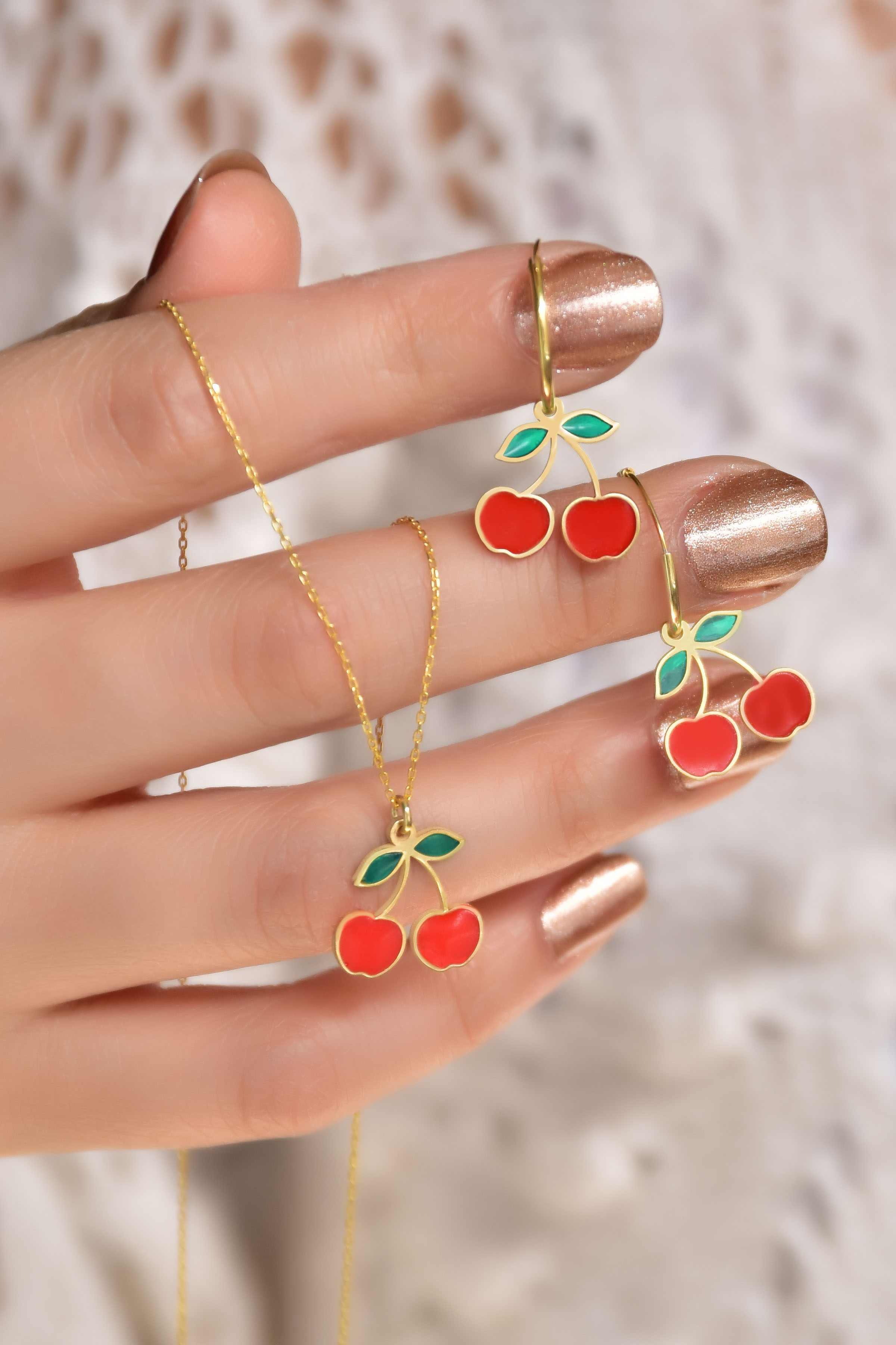 925 Ayar Gümüş Gold Kaplama Özel Tasarım Kırmızı Kiraz Kolye ve Küpe Set
