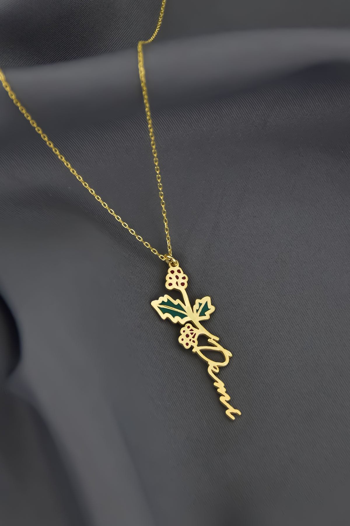 925 Ayar Gümüş Gold Kaplama Özel Tasarım Mineli Doğum Aralık Ayı Çiçeği, Isim Kolye